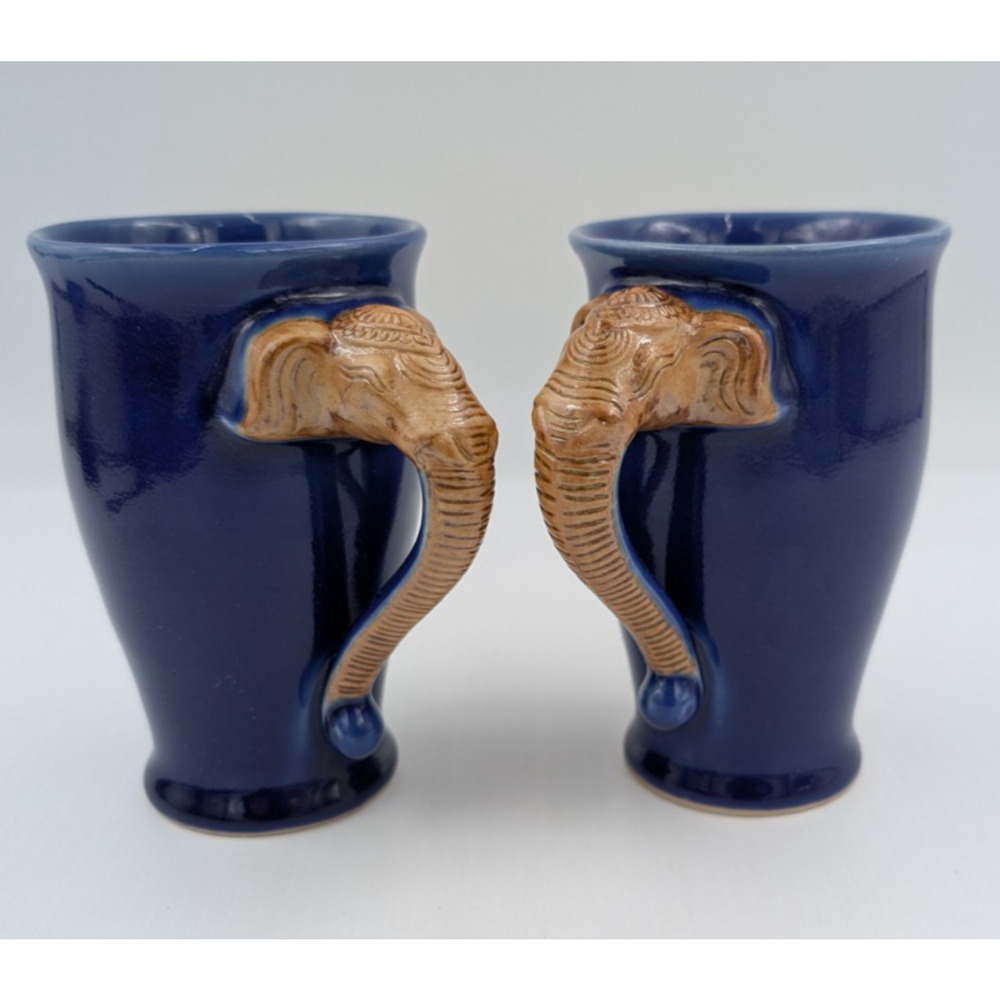 Cobalt Blue Ceramic Mug Elephant Handle Set of 2 Mugs by Novica Thailand